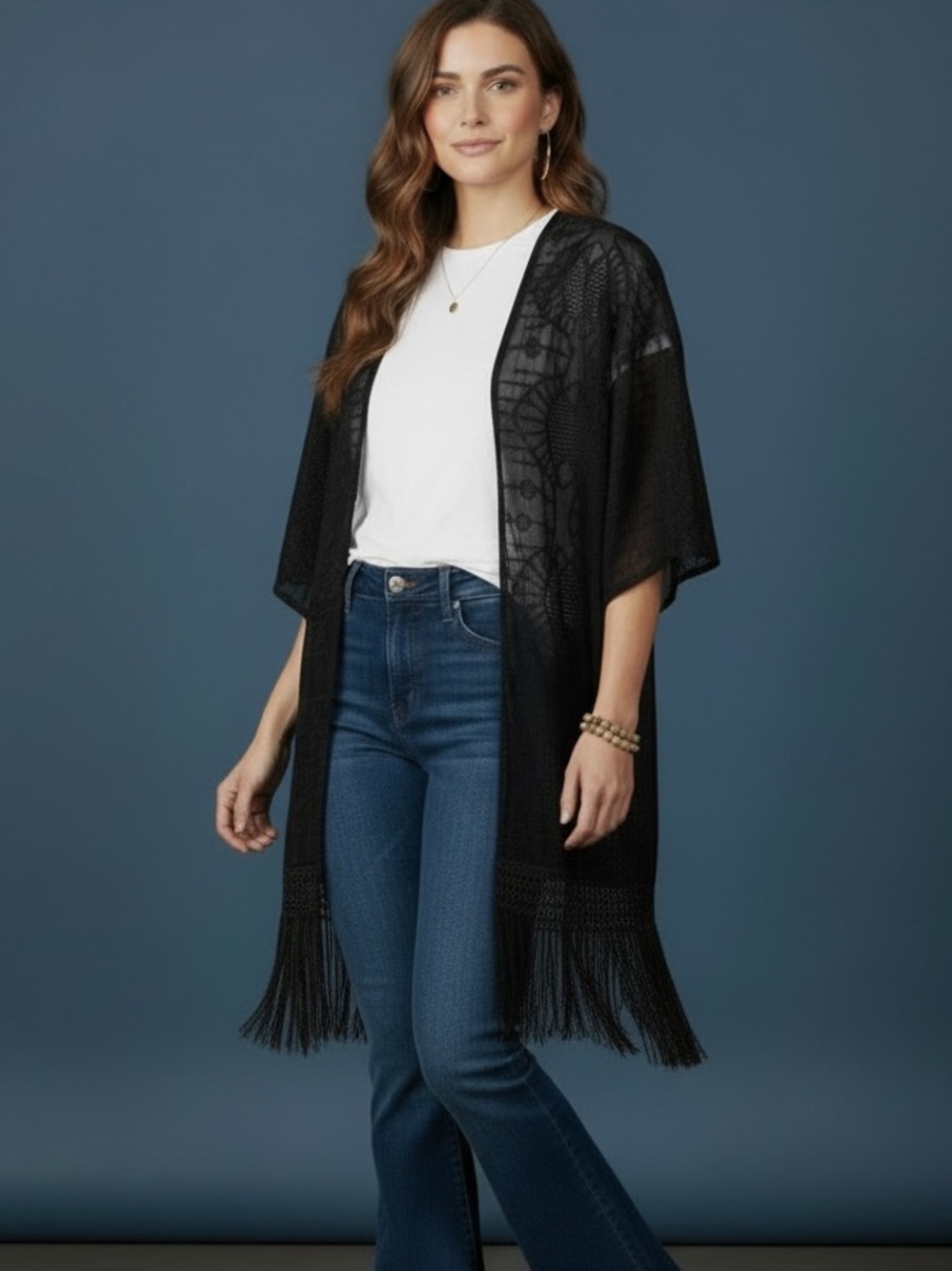 ❤️ Daytrip Black Crochet Chiffon Fringe Duster Kimono
